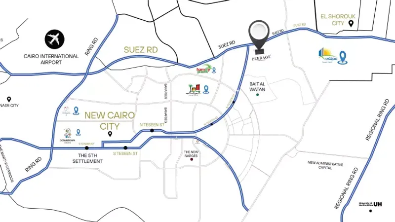 Peerage Compound New Cairo 2026 | Prices & Payment Plans 1 Strategic location map of Peerage Compound New Cairo on Northern 90th Street