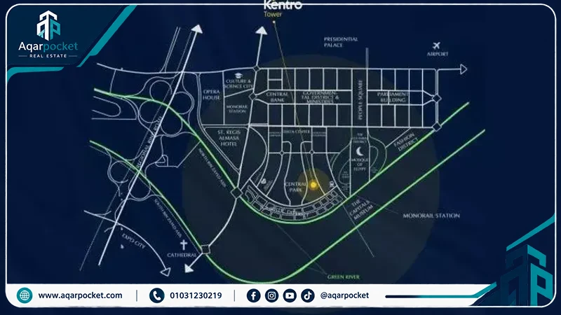 كينترو تاور العاصمة الإدارية 2026 Kentro Tower New Capital 1 موقع مشروع كينترو تاور العاصمة الإدارية في القطعة MU5 39 بمنطقة الداون تاون